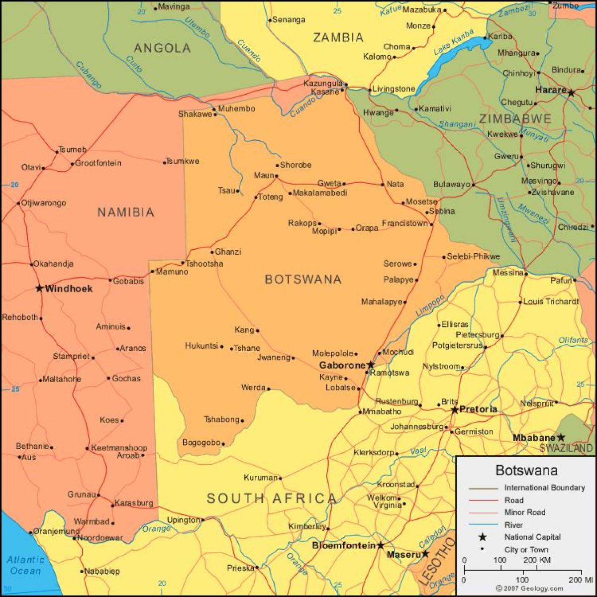 χάρτης της Μποτσουάνα που δείχνει όλα τα χωριά