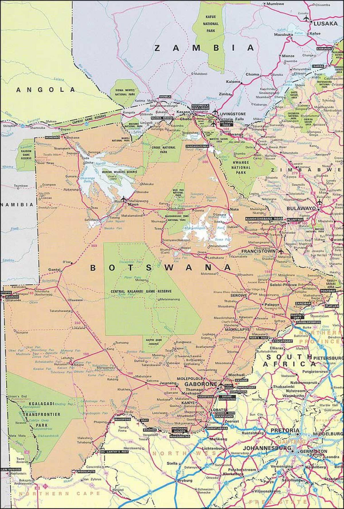 εμφάνιση χάρτη λεπτομερή οδικό χάρτη της Μποτσουάνα