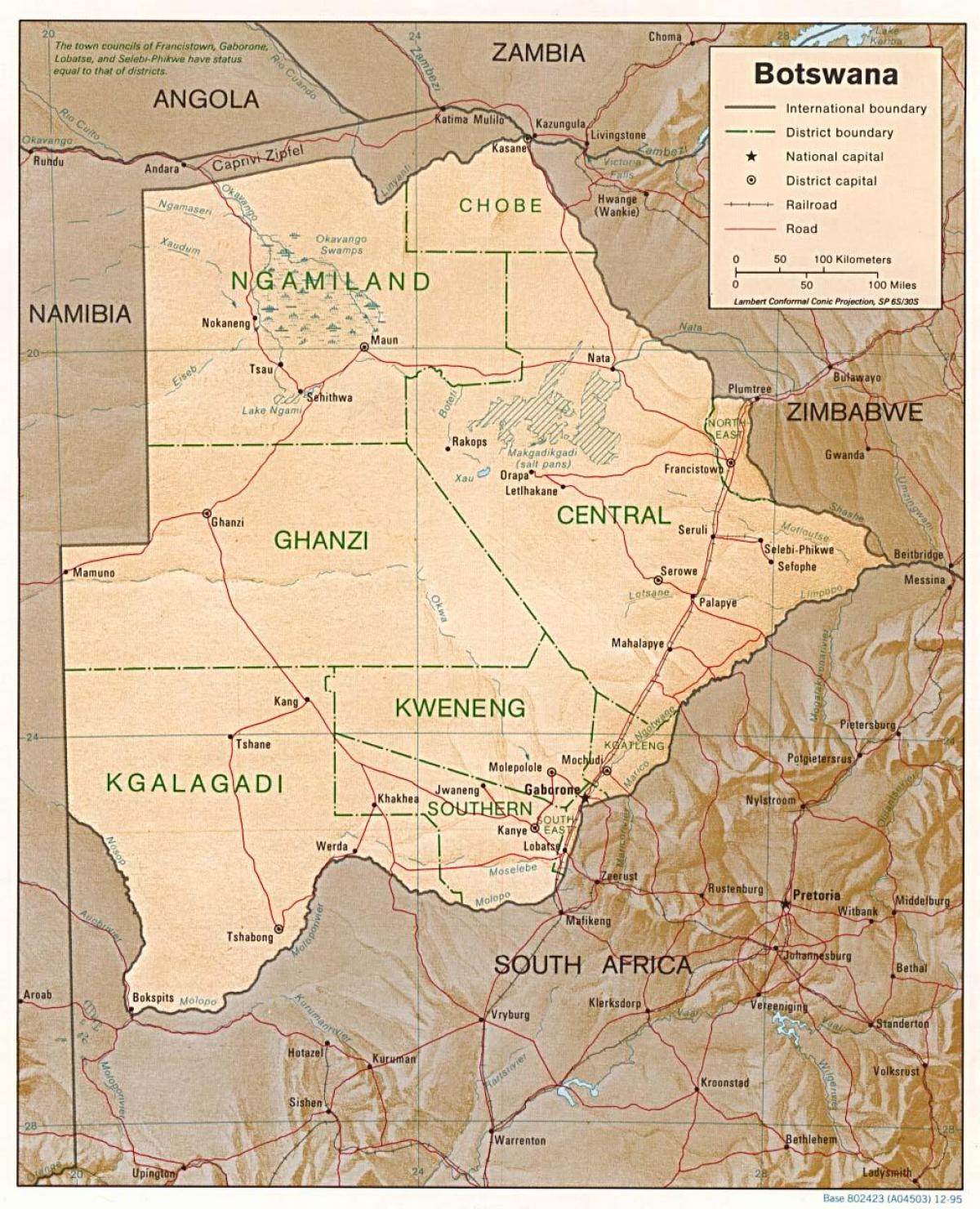 χάρτης της Μποτσουάνα δείχνοντας πόλεις και χωριά
