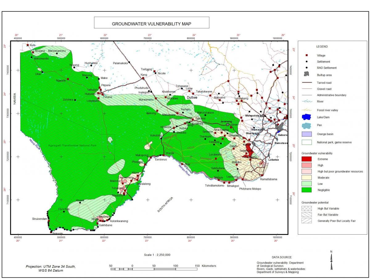 χάρτης της Μποτσουάνα υπόγειο νερό